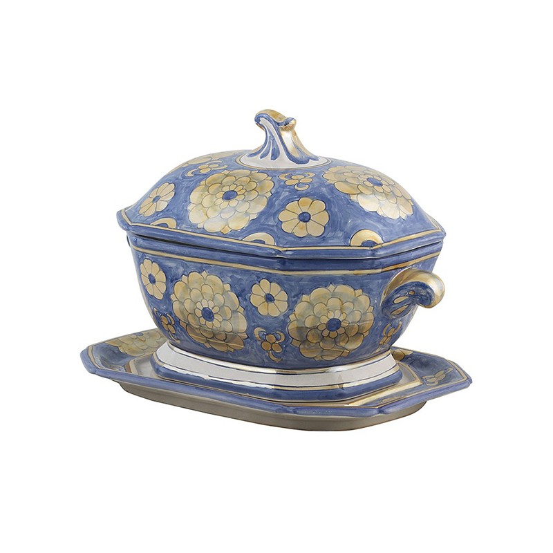 Centerpiece/Tureen With Plate - Decor Fiori Lustro Blu - Gold Antica Deruta