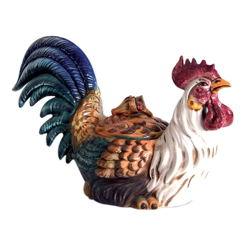 Ceramic Sculpture -Animal- Rooster-Covered Box  - Antica Deruta