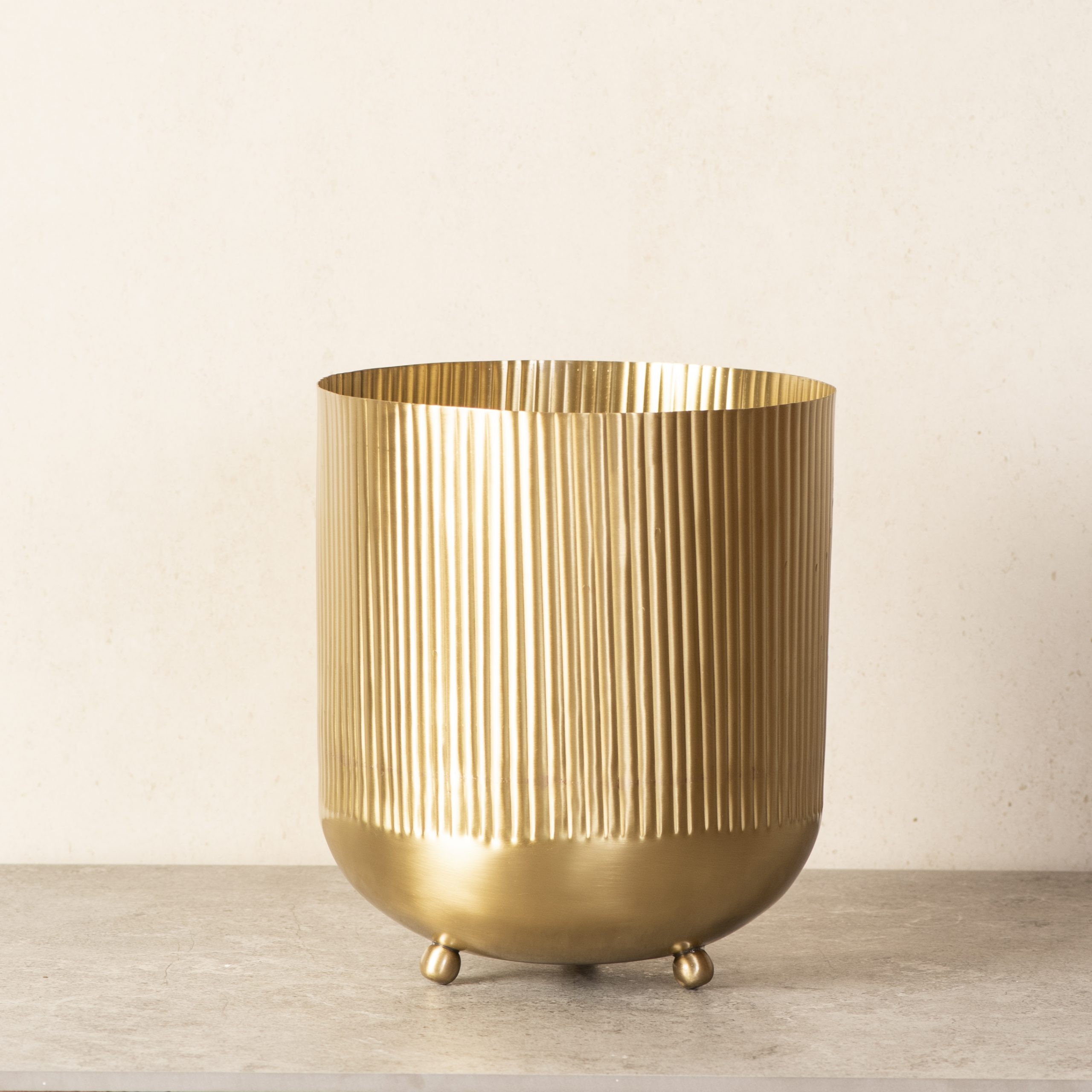Ripple Cut Brass Dustbin Planter Matte Gold The Decor Remedy