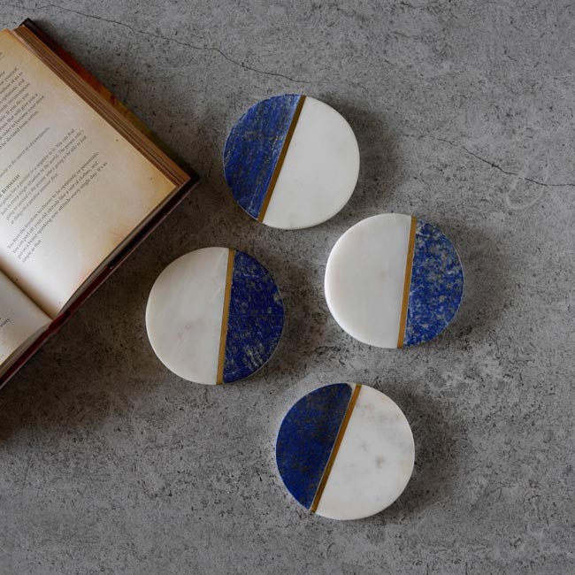 Royal Blue & White Natural Marble With Brass Line Coasters Set of 4 The Decor Remedy