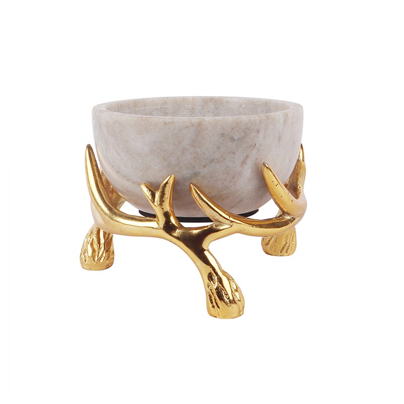 Beige Marble 5 Inch Bowl With Gold Antler Stand NikkisPride