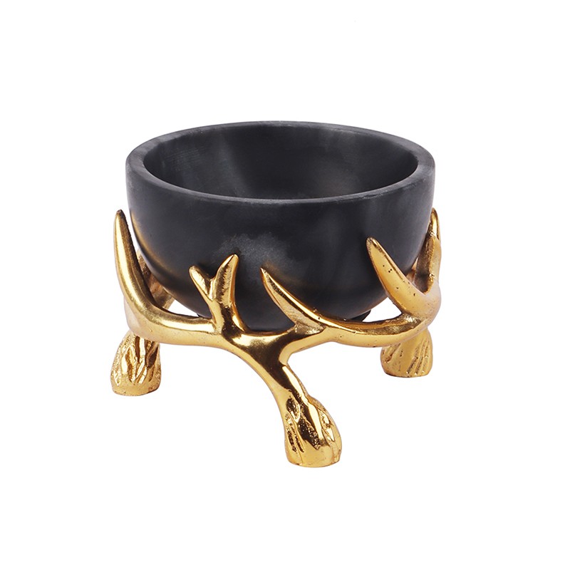 Black Marble 5 Inch Bowl With Gold Antler Stand NikkisPride