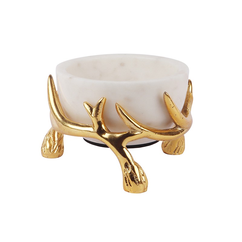 White Marble 5 Inch Bowl With Gold Antler Stand NikkisPride