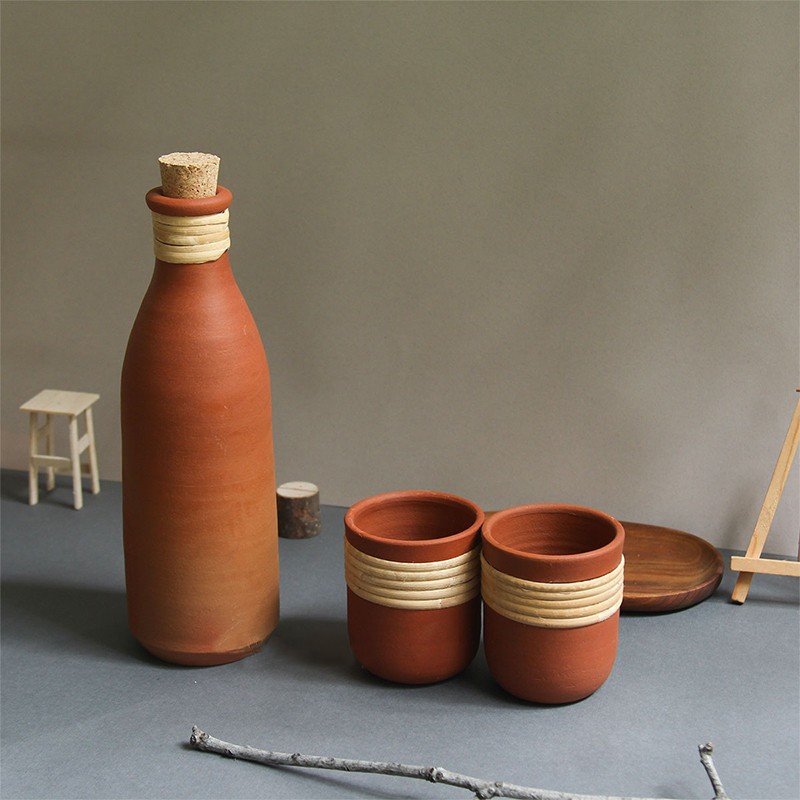 Bhumi Terracotta Clay Water bottle (1000ml) + Bhumi Clay Tumbler (Set of 2) Wallistry