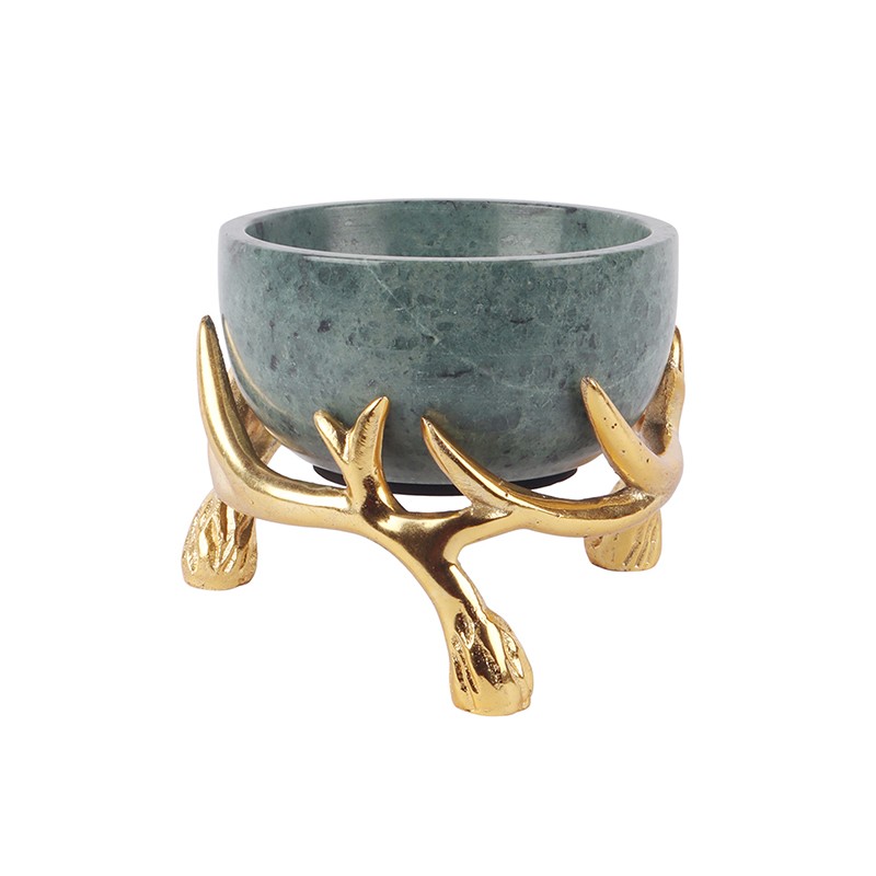 Green Marble 5 Inch Bowl With Gold Antler Stand NikkisPride