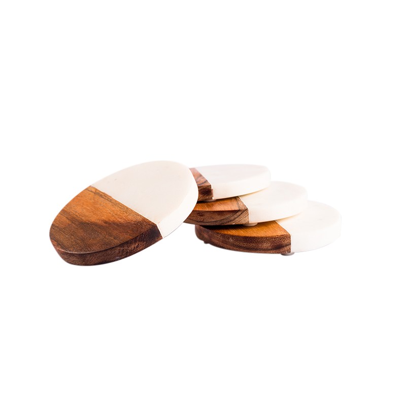 Marble Wood Round Half Marble Half Wood Coaster Set NikkisPride
