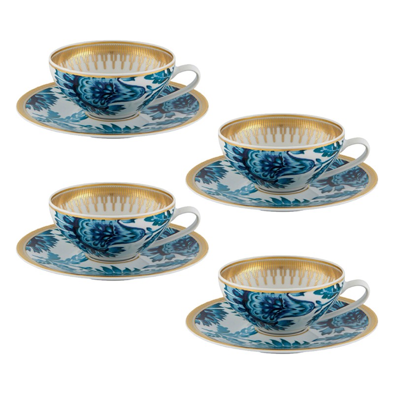 Set of 4 Tea Cup W/Saucer Gold Exotic Vista Alegre