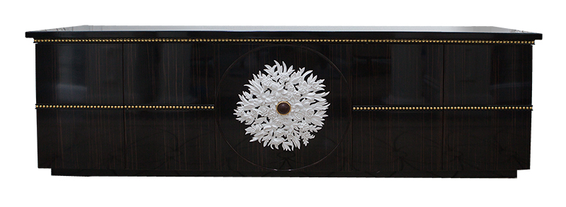 Dresser in Ebony Wood with White Flower Carving, Gold Leaf, Neoclassical Revival  - Alexander's Collection 
