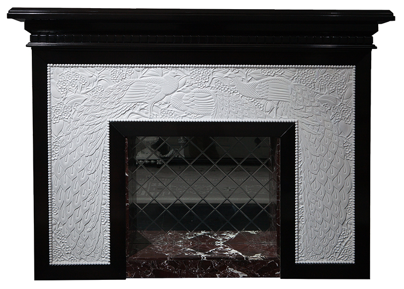 Decorative Fireplace in Ebony Wood White Carved Elements and Peacock Design  - Alexander's Collection
