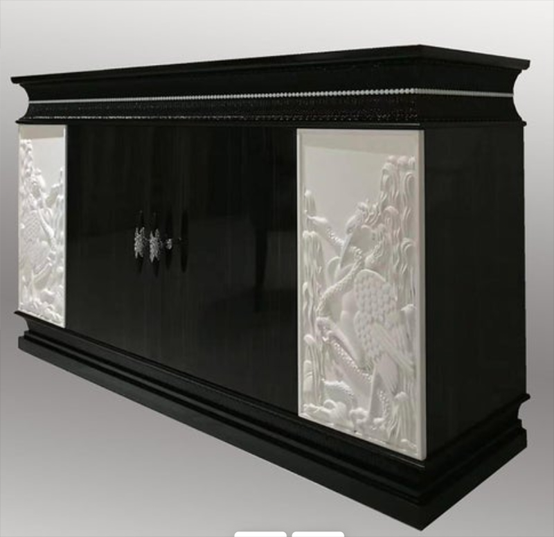 Dresser in Ebony Wood with White Fragments in Carving "Herons" Alexander's Collection