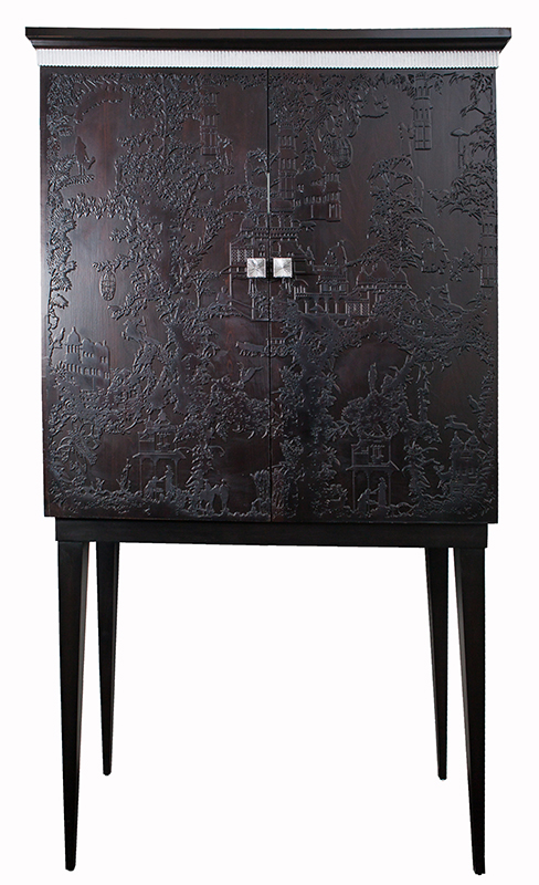 Dark Wine Bar Cabinet in Neoclassical Style with Three Sides Carving  - Alexander's Collection