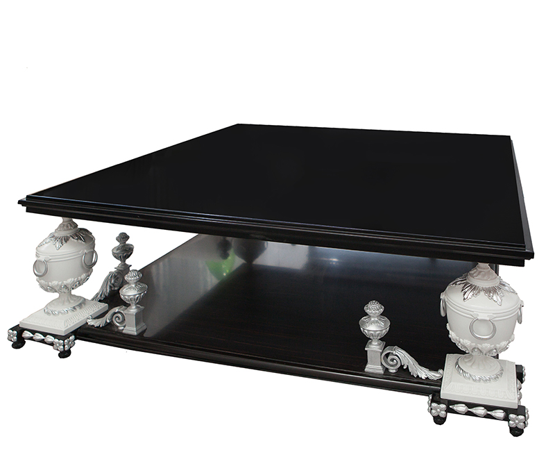 Neoclassical Ebony Wood Coffee Table with White Carvings and Gloss Top  - Alexander's Collection