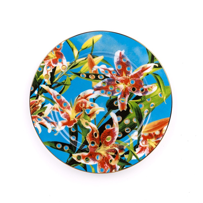 Porcelain Plate Flower with Holes Gold Border Seletti